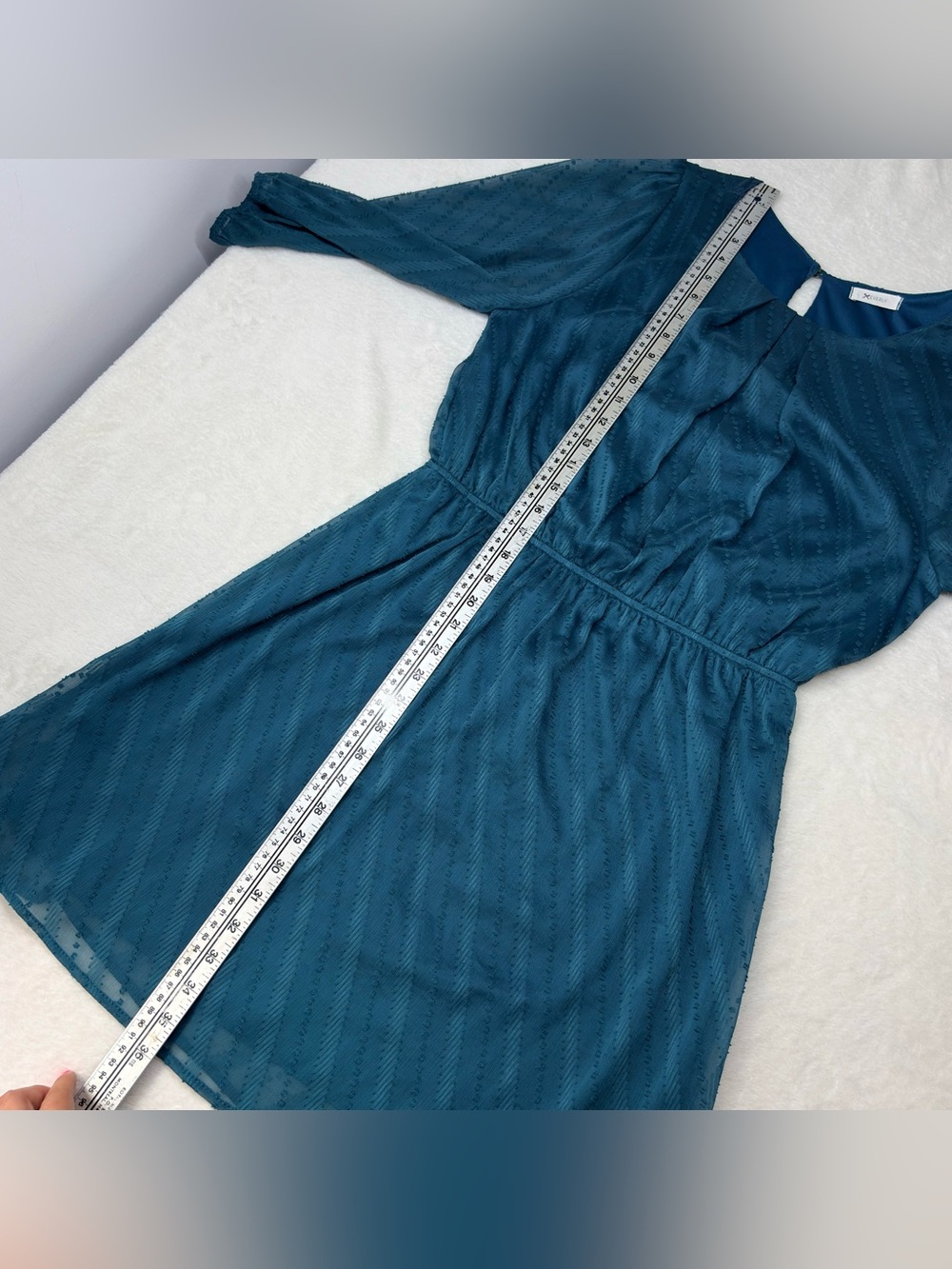 Everly Teal Textured Dress Semi Sheer Sleeves Knee Length Size L - Picture 8 of 10